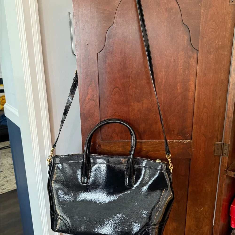 Lauren Ralph Lauren Black Patent Leather Satchel with Gold Hardware